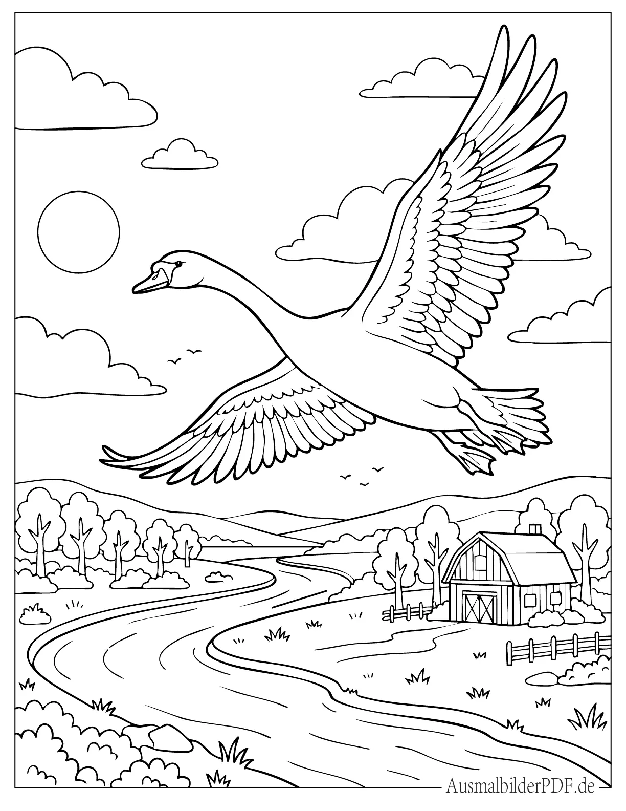 Ausmalbild Schwan fliegt über einen Fluss