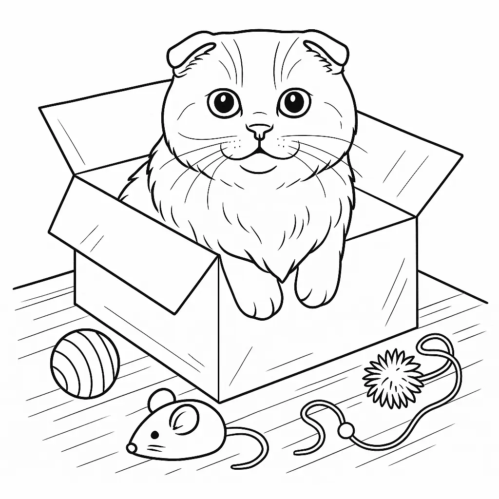 Ausmalbild einer Scottish Fold Katze im Karton umgeben von Spielzeug auf dem Boden