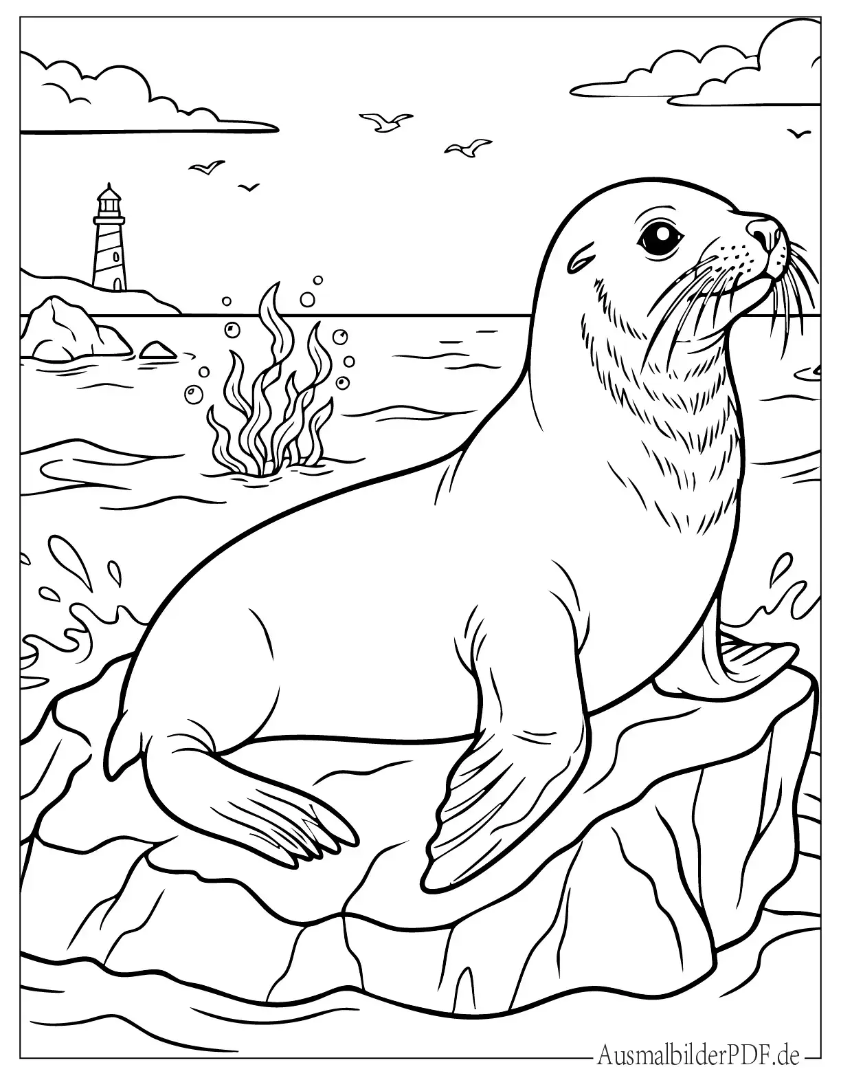 Ausmalbild Seelöwe sitzt auf dem Felsen zum Ausdrucken