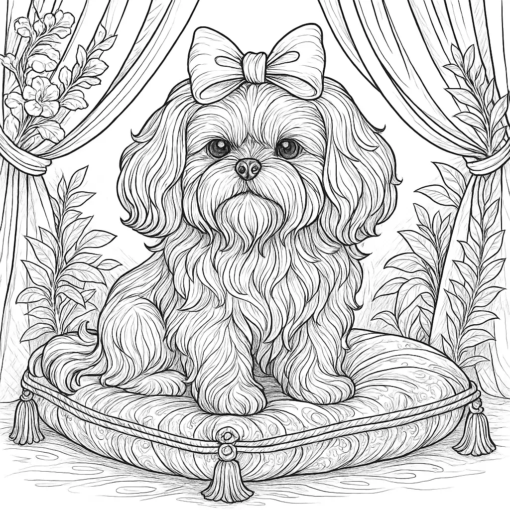 Ausmalbild mit flauschigem Shih Tzu mit Schleife, der auf einem königlichen Kissen sitzt, umgeben von Vorhängen und Pflanzen