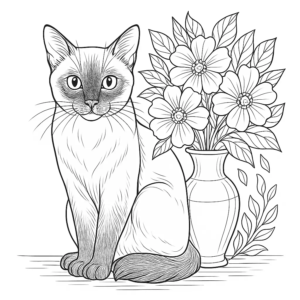 Ausmalbild einer Siamkatze mit großen Augen neben einer Blumenvase