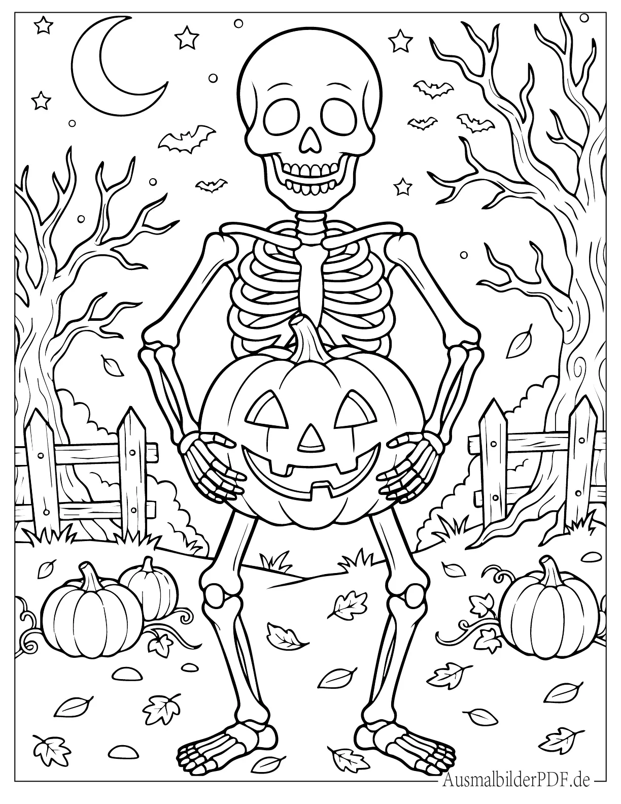 Ausmalbild Skelett hält eine Halloween Kürbislaterne