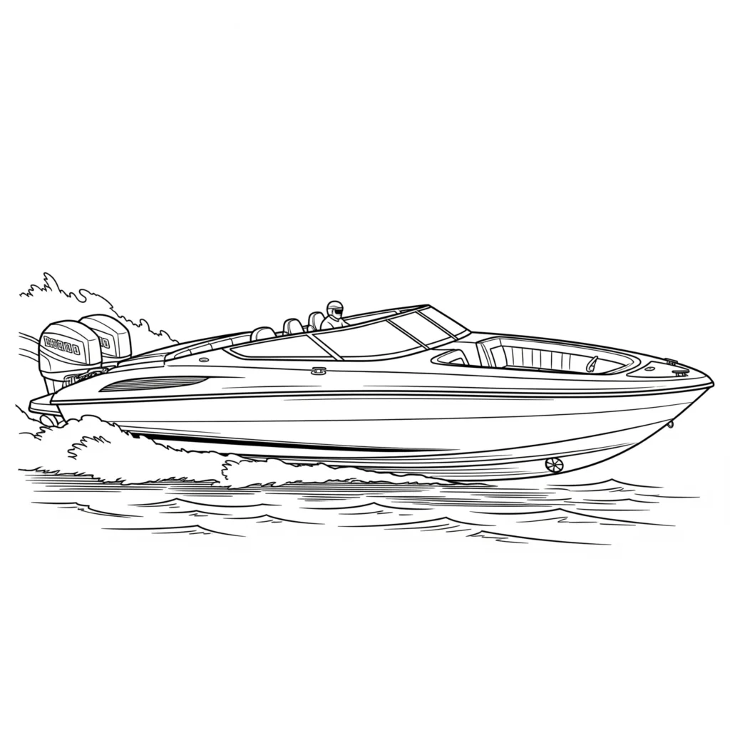 Boot Ausmalbilder (Kostenlos Malvorlage zum Ausdrucken) Schnelles Speedboot fährt mit hoher Geschwindigkeit durch spritzendes Wasser als klares Ausmalbild mit kräftigen Linien für Kinder und Erwachsene