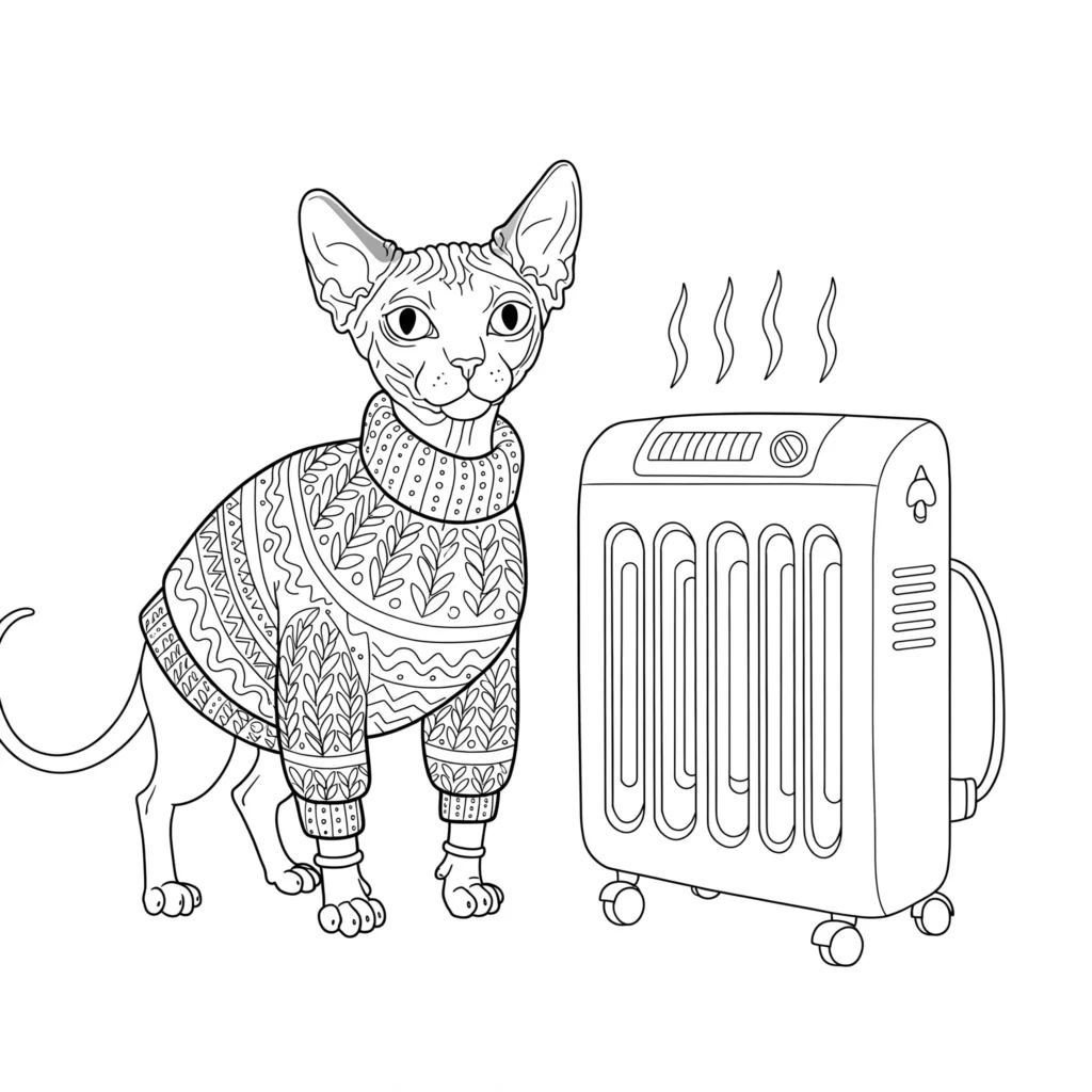 Ausmalbild einer Sphynx Katze mit Pullover, die neben einer Heizung steht