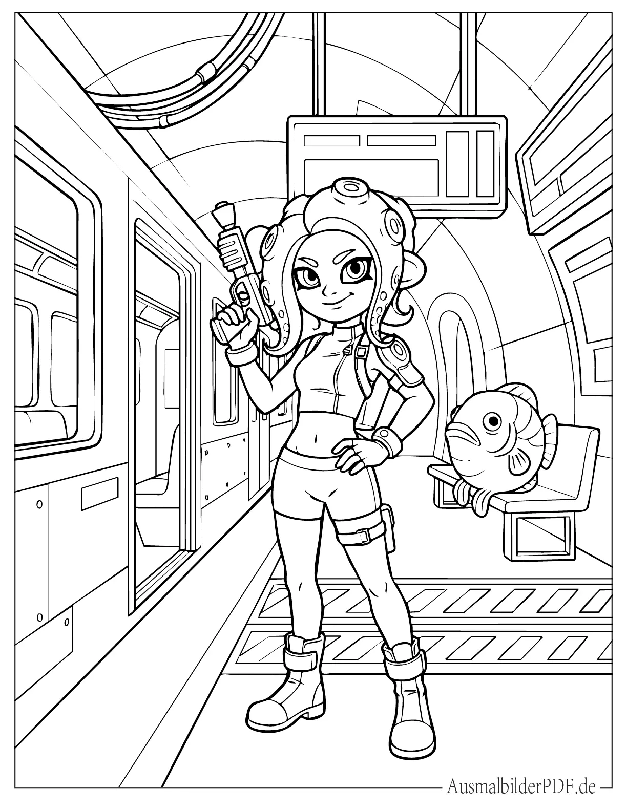 Ausmalbild Splatoon Agent 8 im Kampfoutfit mit Octoling Tentakeln