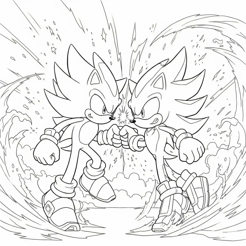 Ausmalbild Super Sonic im Duell mit Shadow als spannende PDF Malvorlage für Kinder zum Ausdrucken