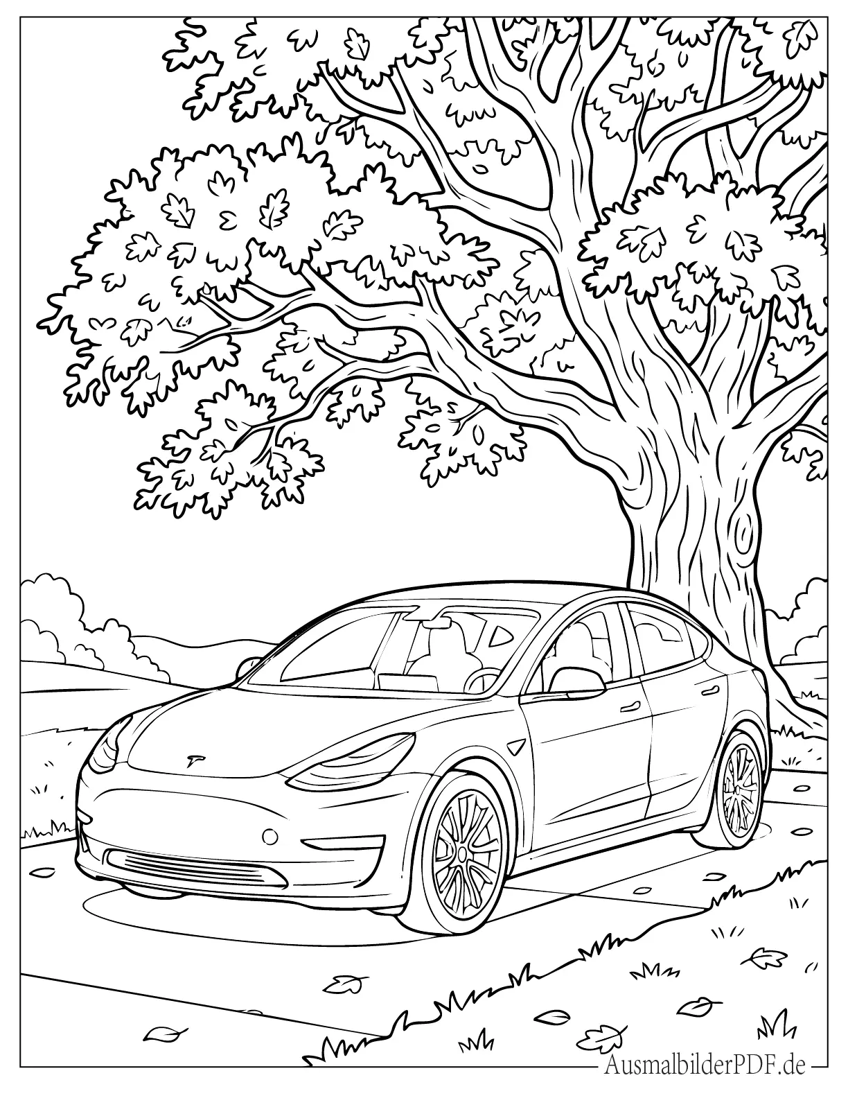 Ausmalbild Tesla steht unter einem großen Baum