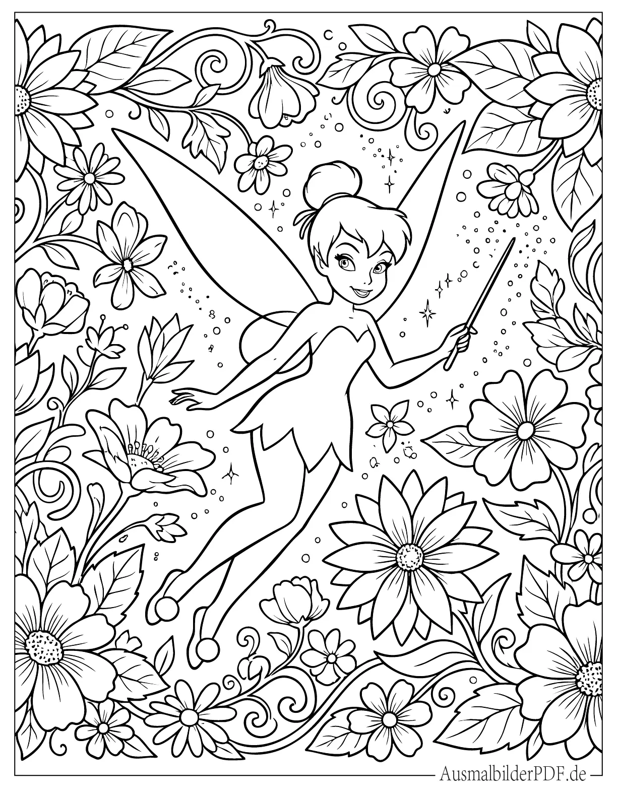 Ausmalbild Tinkerbell in vielen Blumen Rahmen