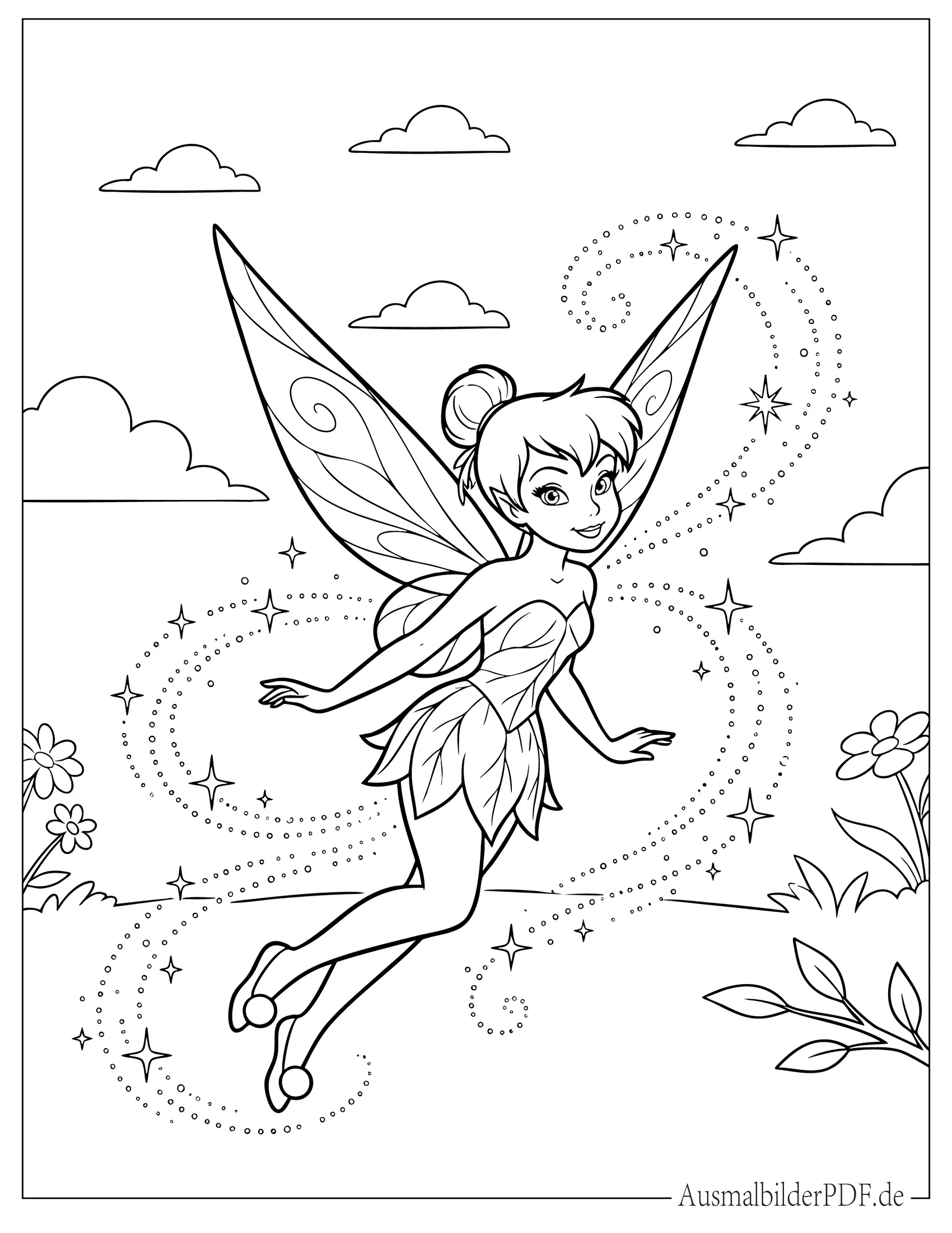 Ausmalbild von Tinkerbell fliegt mit Feenstaub