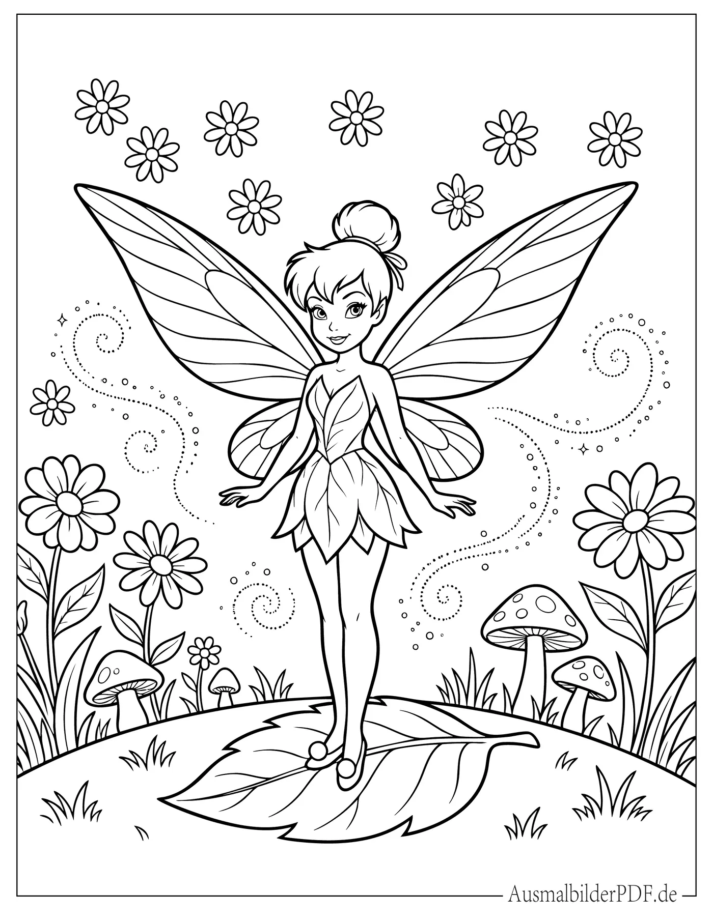 Ausmalbild Tinkerbell steht mit breiten Flügeln in Blumenwiese