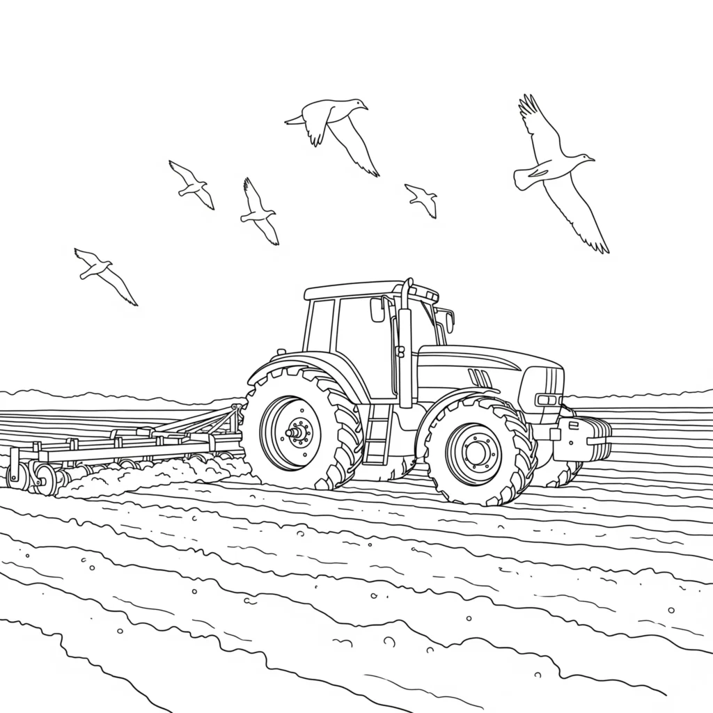 Ausmalbild eines Traktors, der ein Feld pflügt, zum kostenlosen Ausdrucken und Ausmalen für Kinder