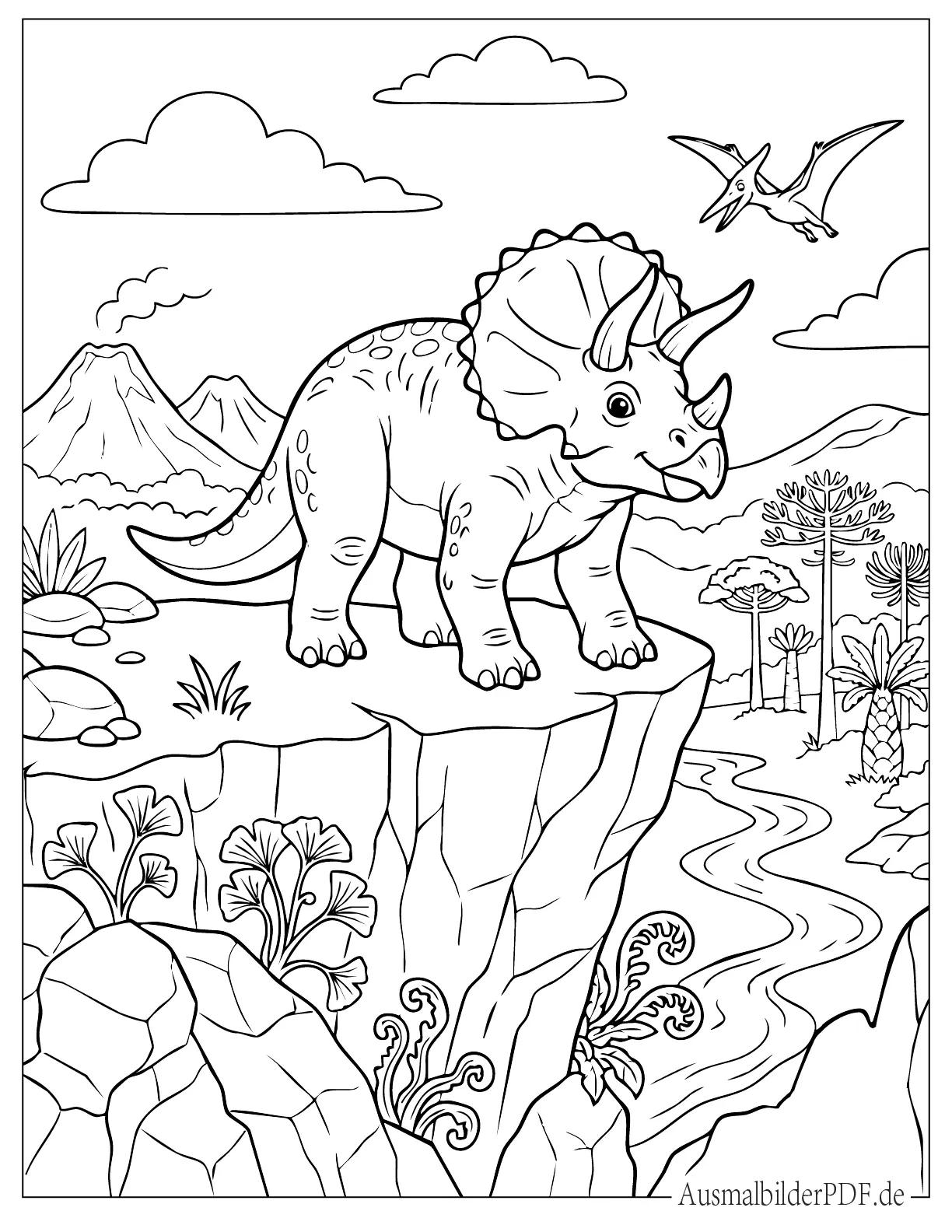 Ausmalbild Triceratops Dinosaurier steht auf einer felsigen Klippe