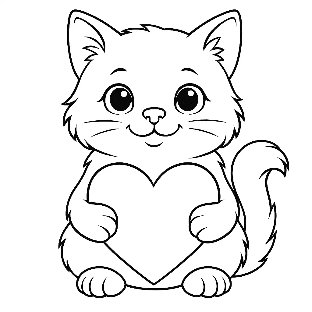 Ausmalbild einer süßen Valentinstag-Katze mit Herz in den Pfoten