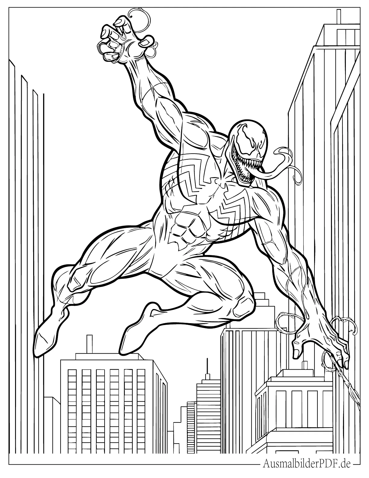 10+ Venom Ausmalbilder (Gratis Malvorlagen zum Ausdrucken) Ausmalbild Venom schwingt wie Spider-Man zwischen hohen Gebäuden