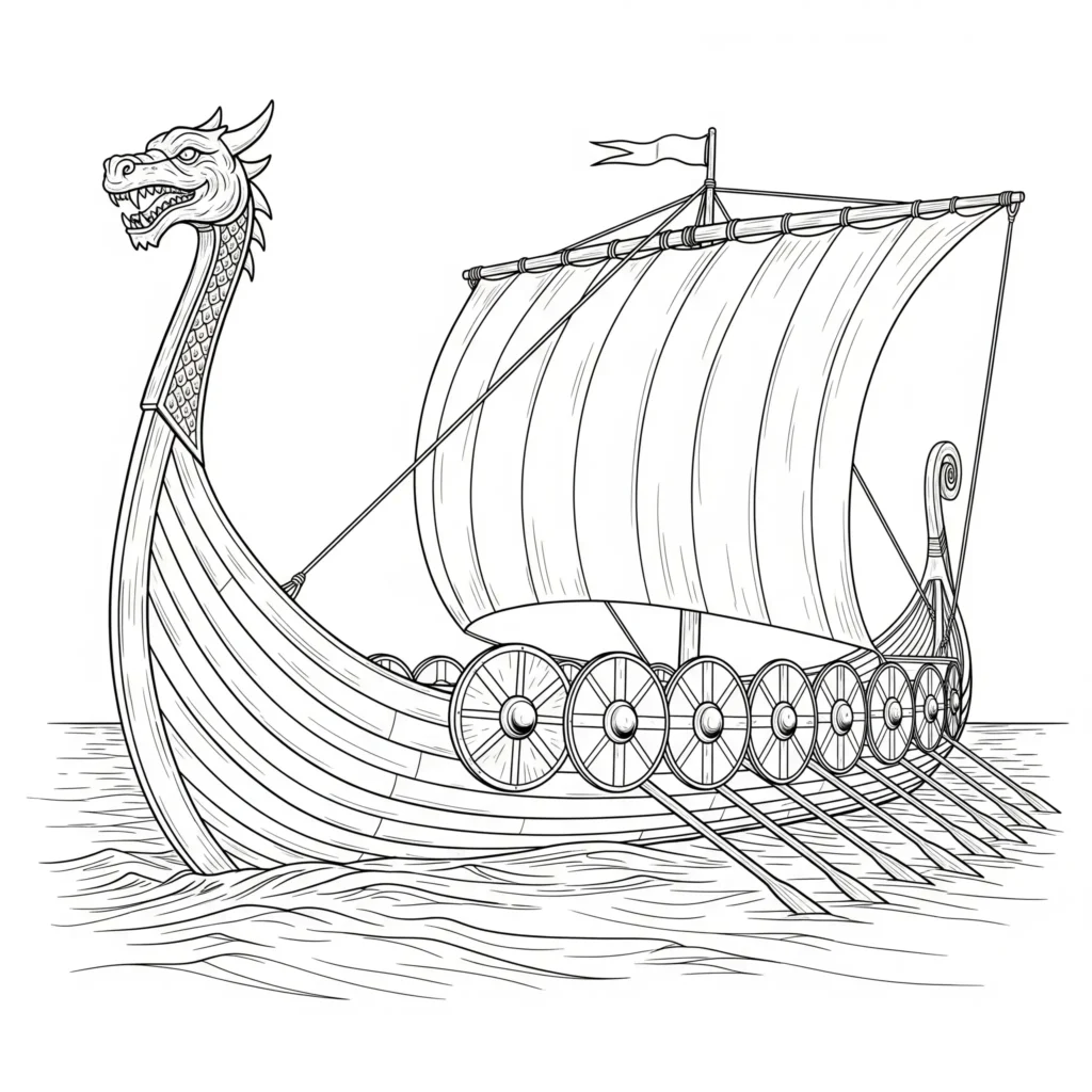 Boot Ausmalbilder (Kostenlos Malvorlage zum Ausdrucken) Wikingerboot mit runden Schilden an den Seiten und hohem Bug auf dem Wasser als Ausmalbild mit klaren Linien für Kinder und kreative Malzeiten