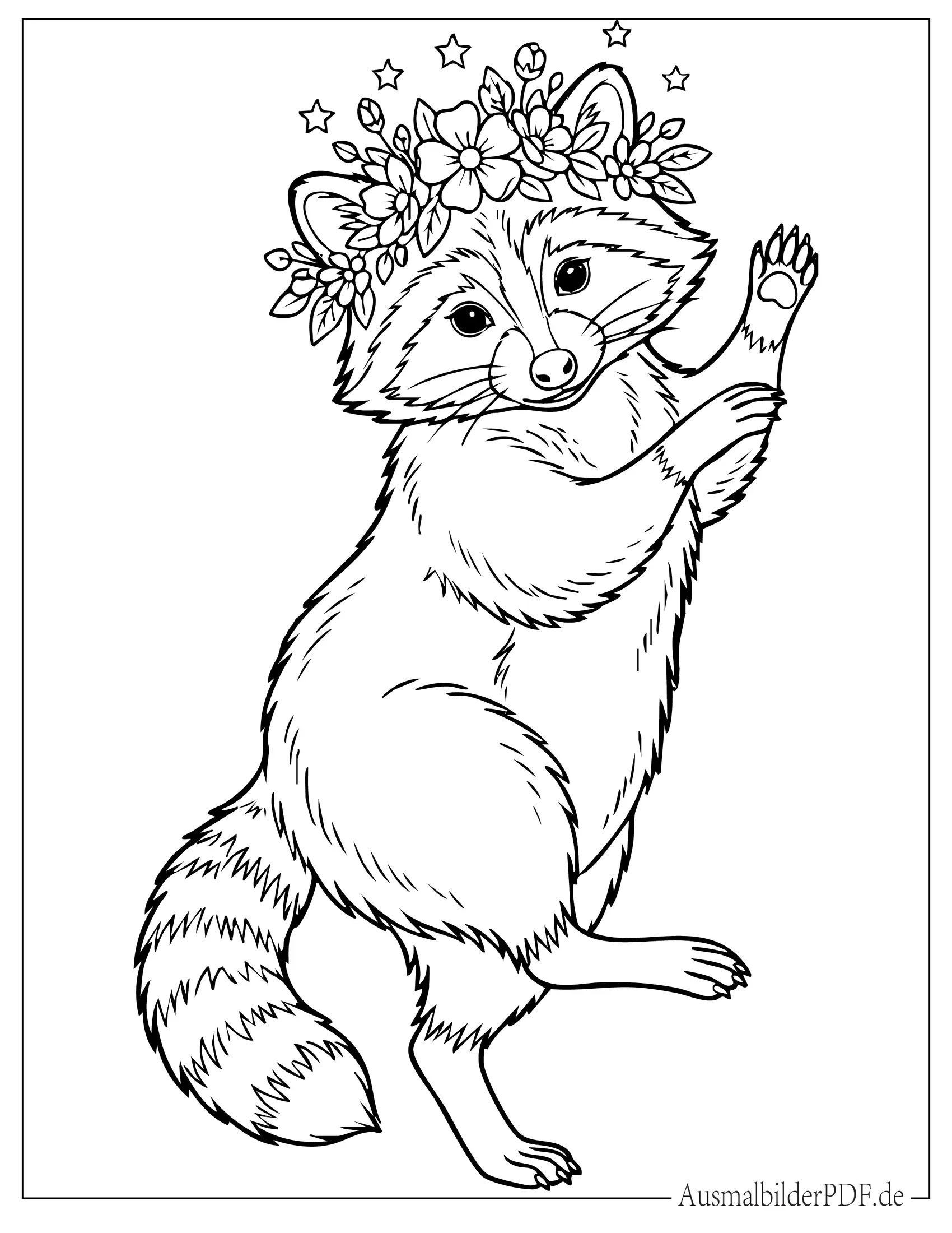 Ausmalbild von Niedlicher tanzender Waschbär mit Blumenkrone