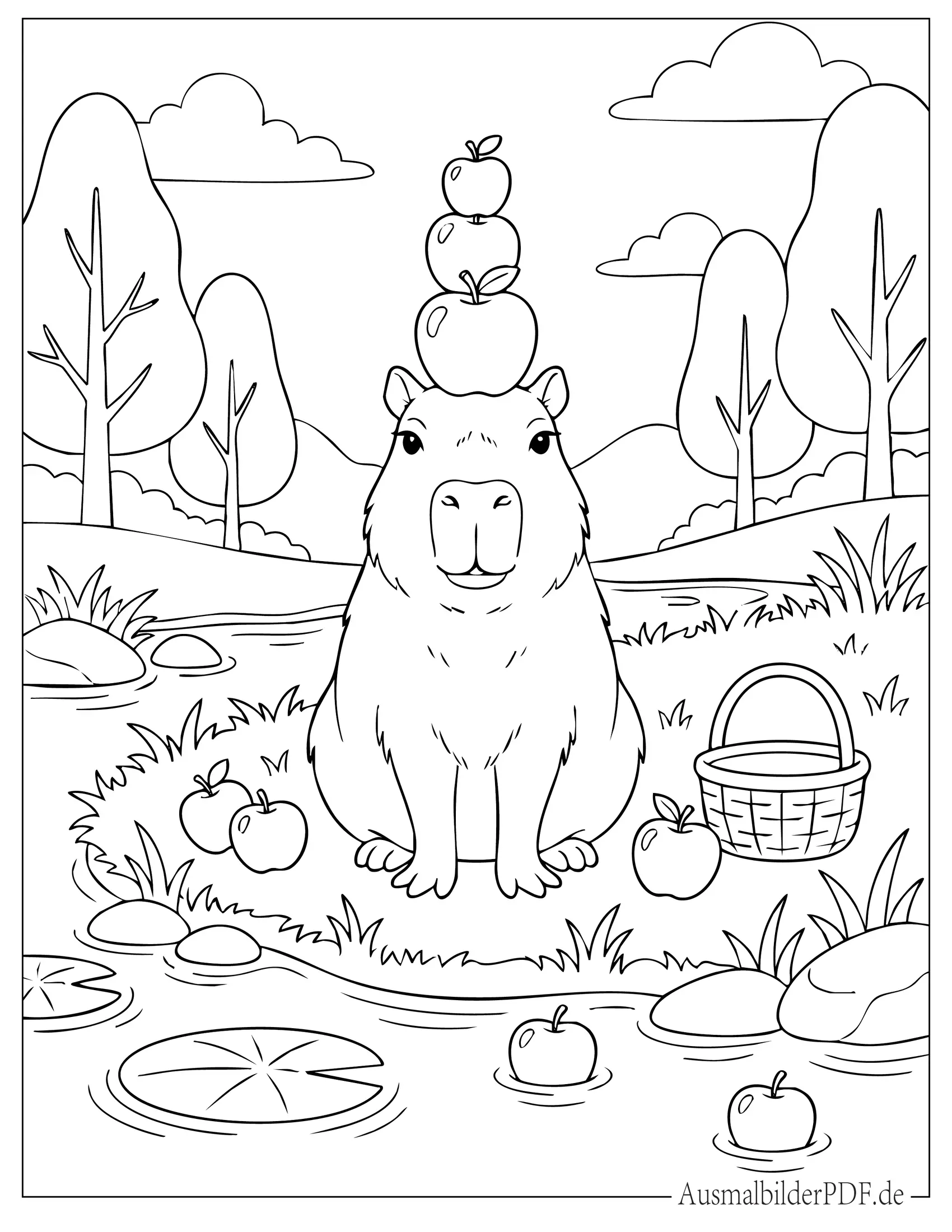 Ausmalbild Wasserschwein balanciert Äpfel auf dem Kopf