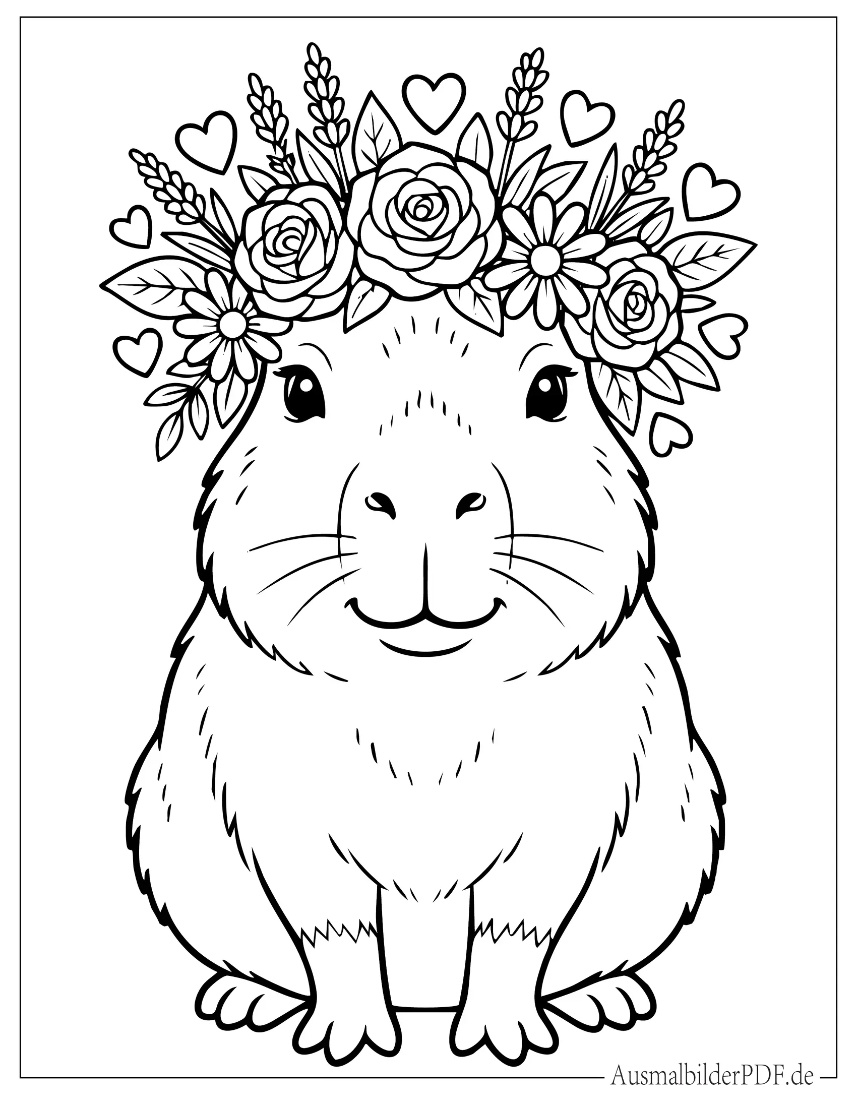 Ausmalbild Wasserschwein mit Blumenkrone und Herzen
