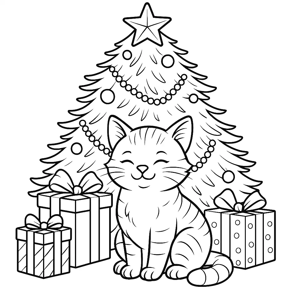  Ausmalbild einer glücklichen Weihnachtskatze unter dem Baum mit Geschenken