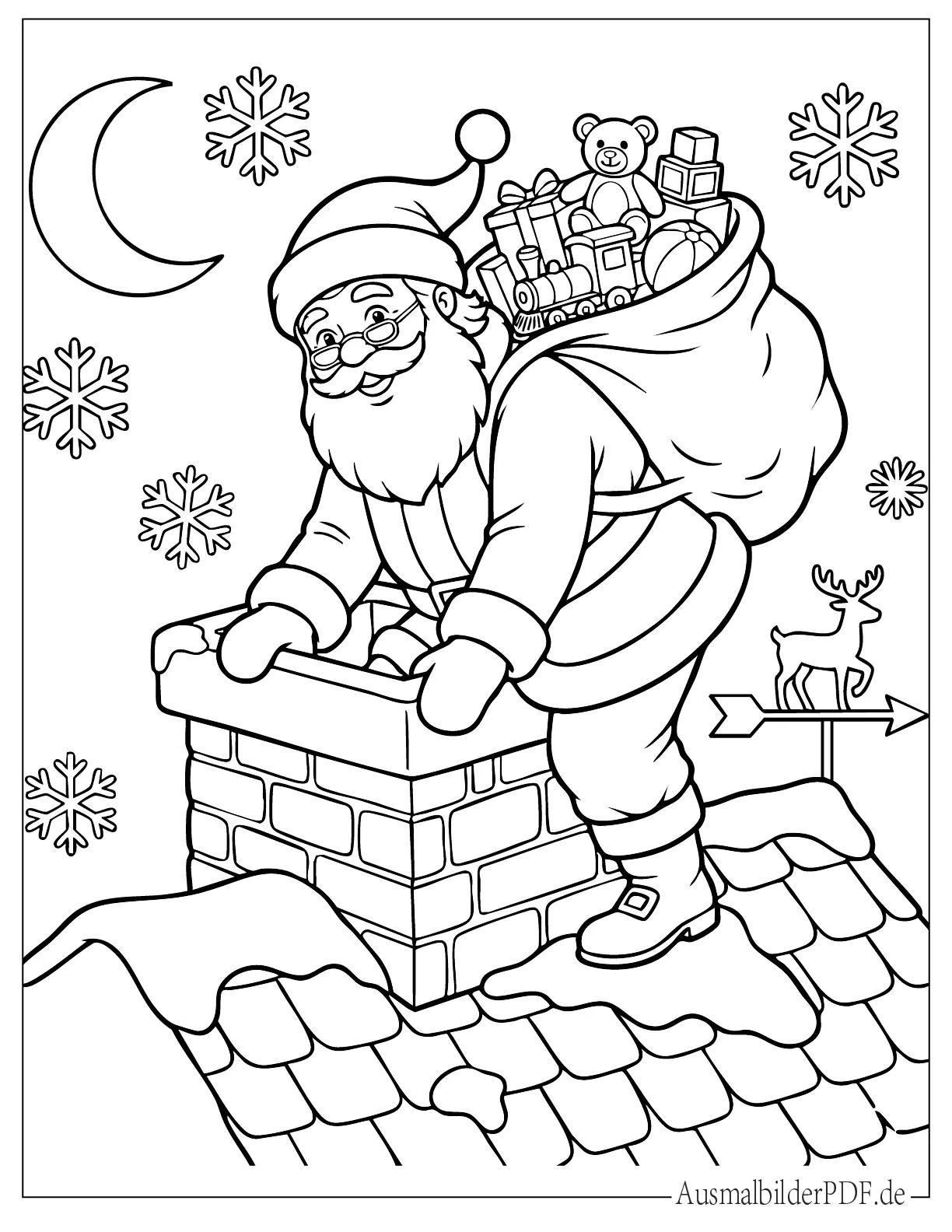 Ausmalbild Weihnachtsmann klettert in den Kamin mit Geschenksack