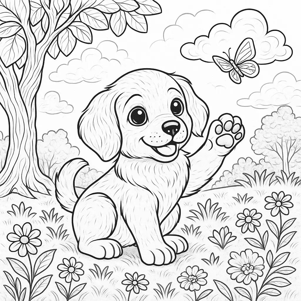 Ausmalbild Welpen Malvorlage mit süßem Hund, der die Pfote hebt, in einer Wiese mit Blumen und Schmetterling
