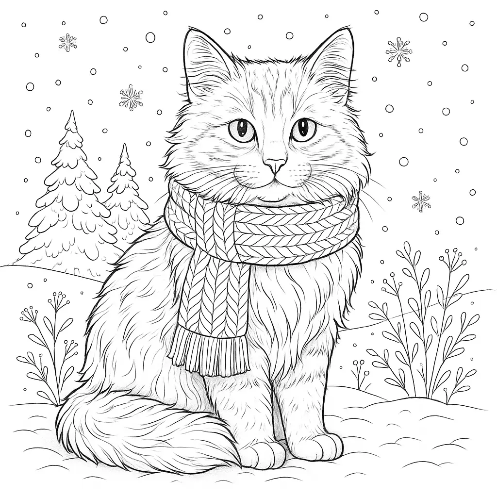 Ausmalbild einer flauschigen Winterkatze mit Schal im Schnee