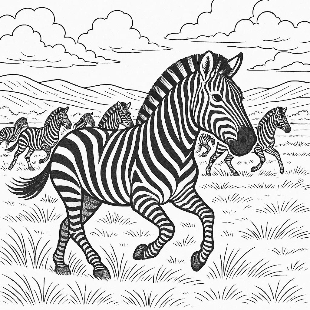 Ausmalbild Zebra – Zebras rennen gemeinsam über die weite Savanne als PDF zum Ausdrucken