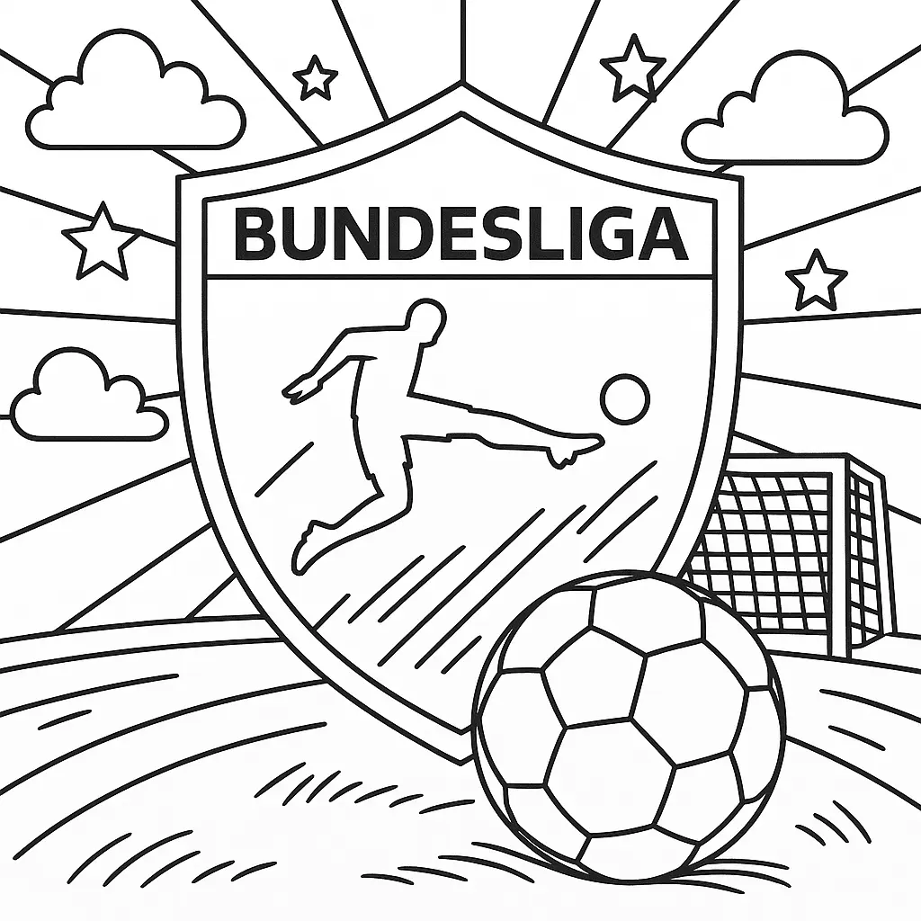 Ausmalbild Bundesliga-Logo mit Fußball, Stadiontor, Sternen und dynamischen Linien im Hintergrund.