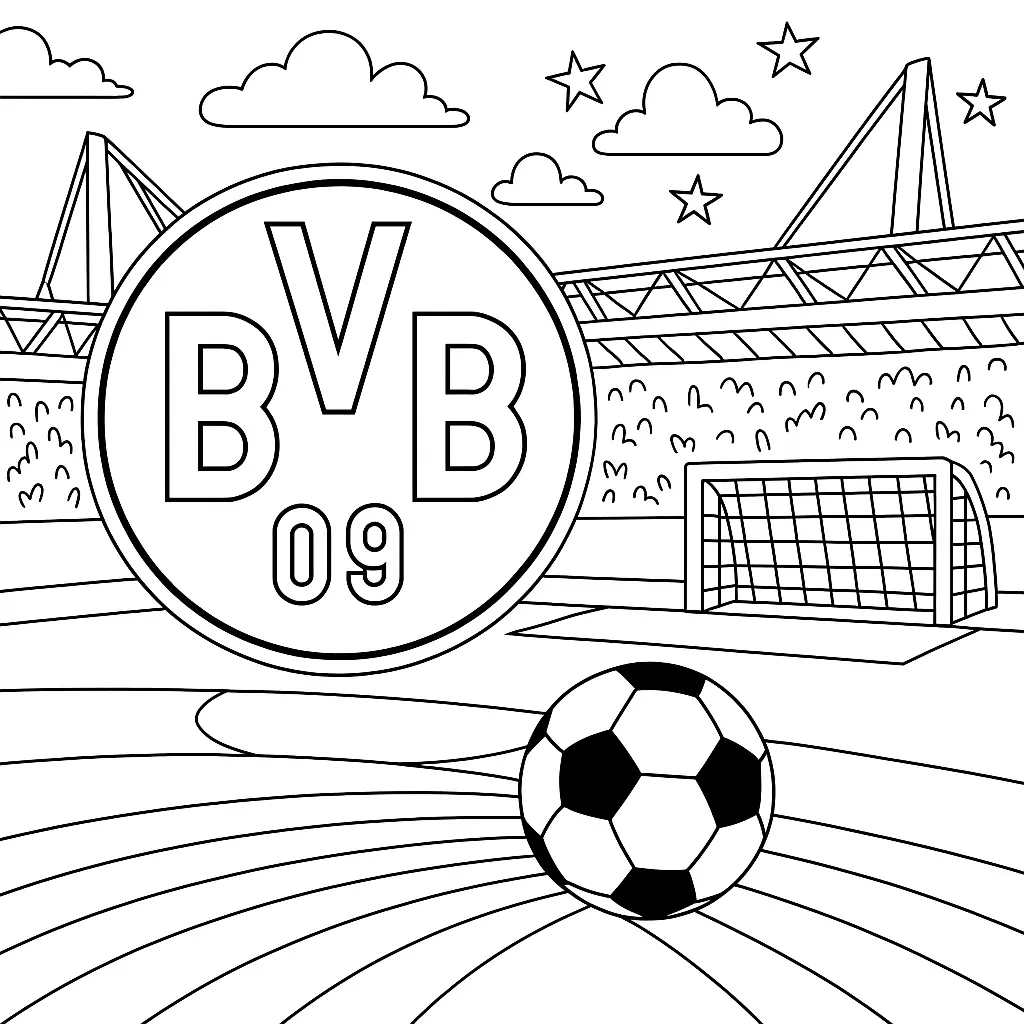 Ausmalbild Borussia Dortmund BVB 09 Logo im Stadion mit Fußball und Tor im Hintergrund.