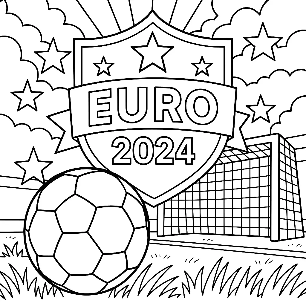 Ausmalbild Fußball-EM 2024 mit Schildwappen, Fußball, Tor und Sterne im Hintergrund.