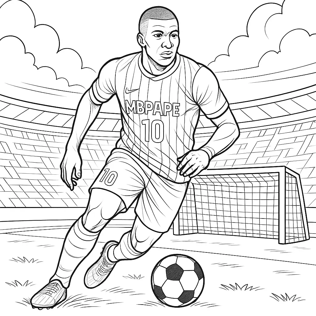 Ausmalbild Kylian Mbappé im Frankreich-Trikot mit Ball am Fuß auf dem Spielfeld, Tor und Stadion im Hintergrund.