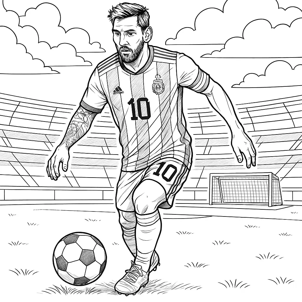 Ausmalbild – Lionel Messi im Argentinien-Trikot mit Ball am Fuß im Stadion, Tor im Hintergrund.
