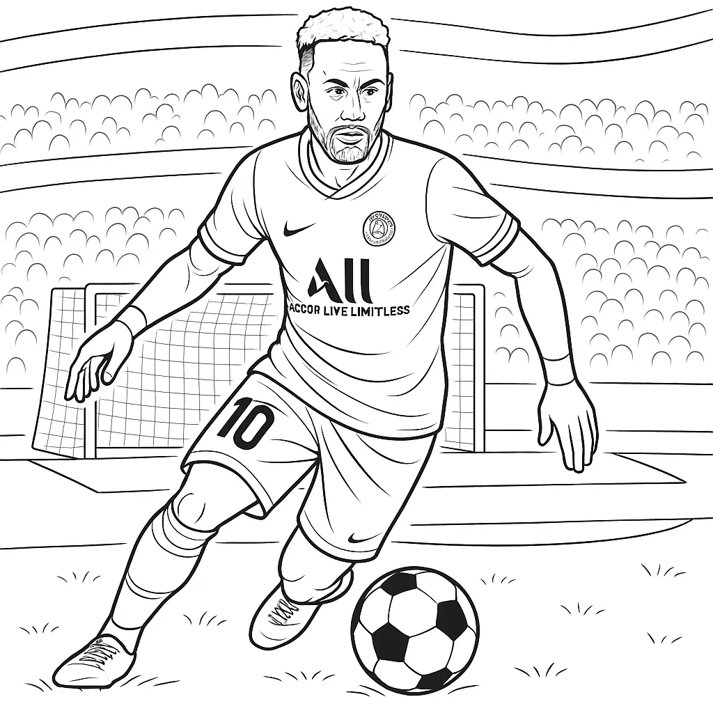 Ausmalbild Neymar im PSG-Trikot beim Dribbling auf dem Fußballfeld mit Ball und Tor im Stadionhintergrund.