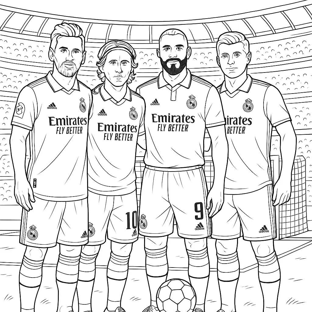 Ausmalbild Vier Real Madrid Spieler stehen gemeinsam im Stadion mit Trikots, Ball und Tor im Hintergrund.