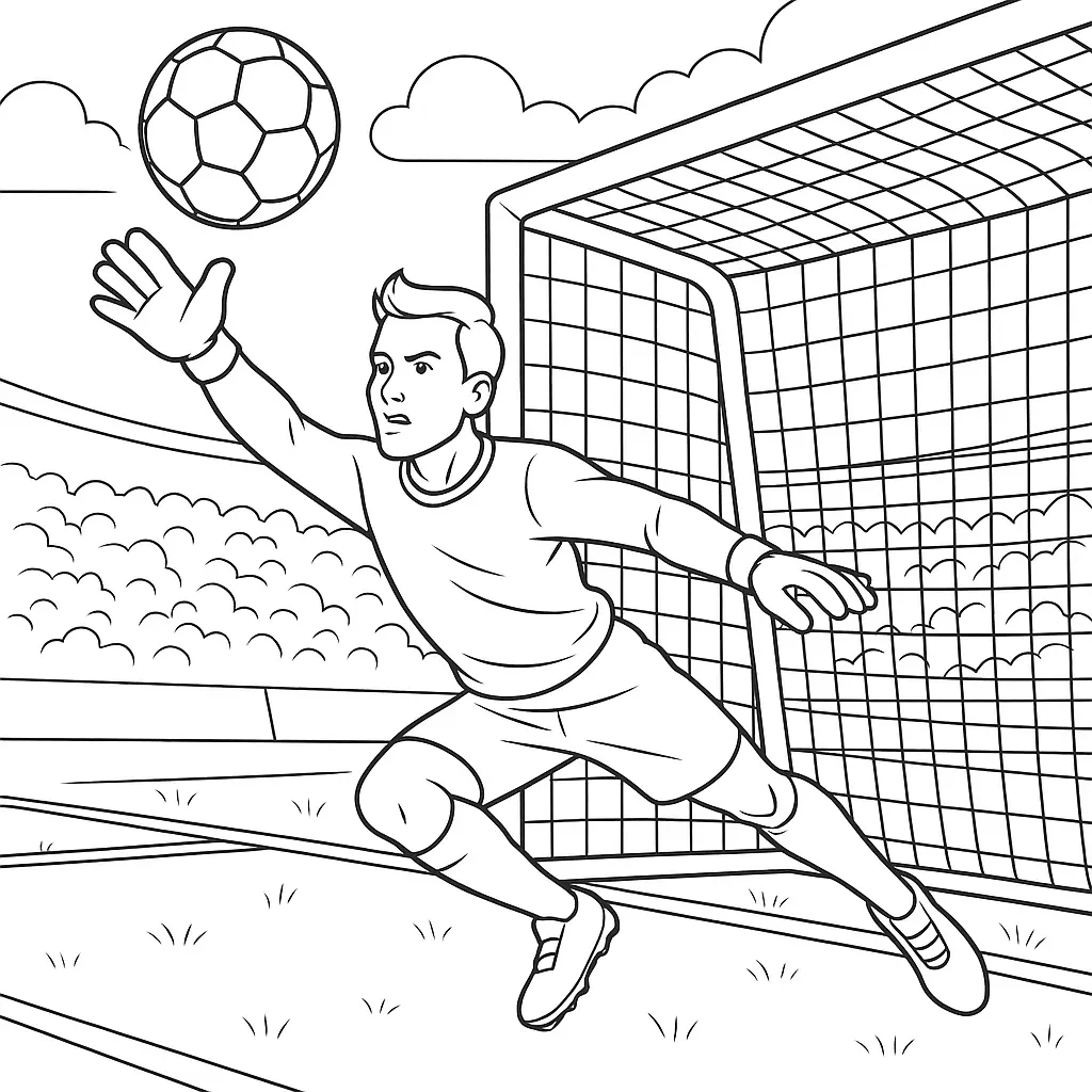 Ausmalbild Fußballtorwart fliegt durch die Luft und hält einen Ball vor dem Tor im Stadion.