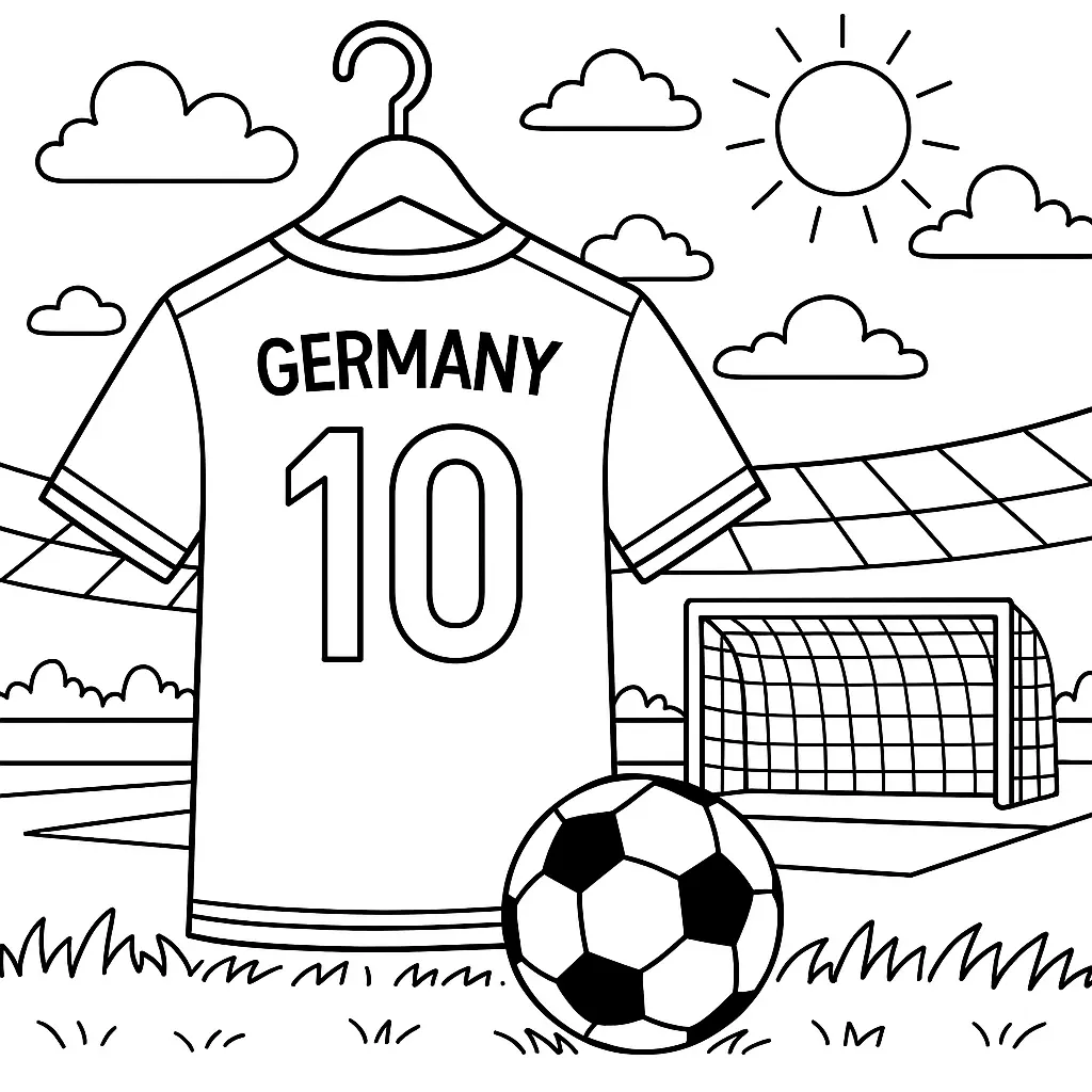 Ausmalbild Deutschland Fußballtrikot mit Nummer 10 auf einem Kleiderbügel, Fußball, Stadion und Tor im Hintergrund