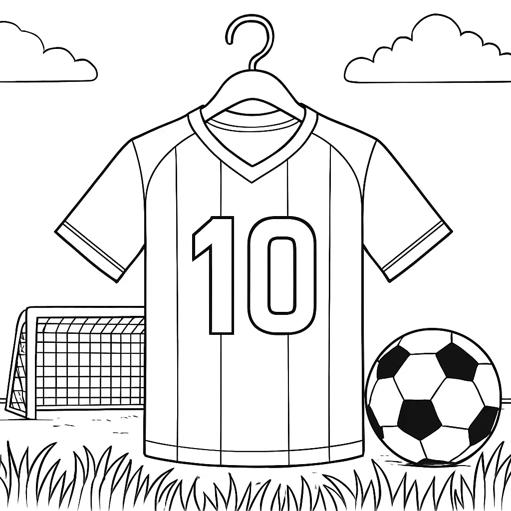 Ausmalbild Fußballtrikot mit Nummer 10 auf einem Bügel, daneben Fußball und Tor im Hintergrund.