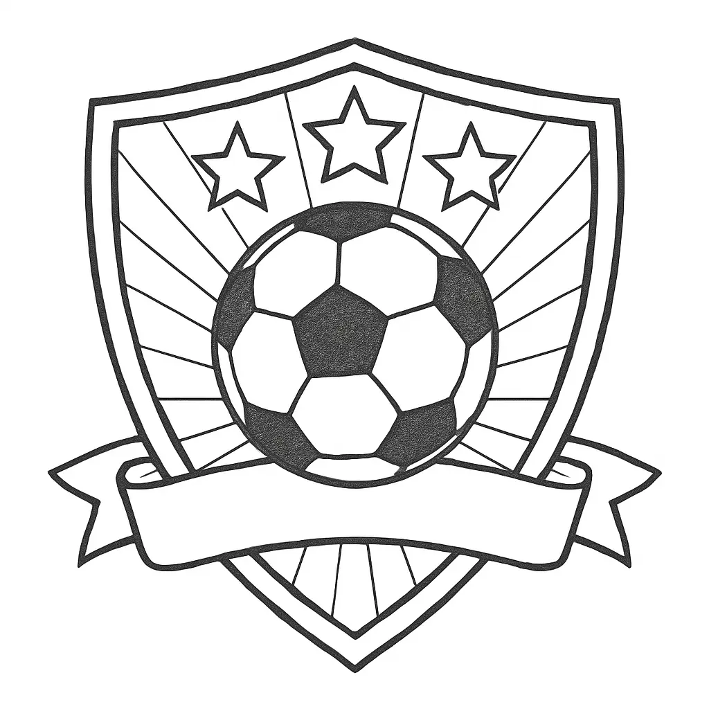 Ausmalbild – Fußball-Wappen mit drei Sternen, Fußball in der Mitte und dekorativem Banner darunter.