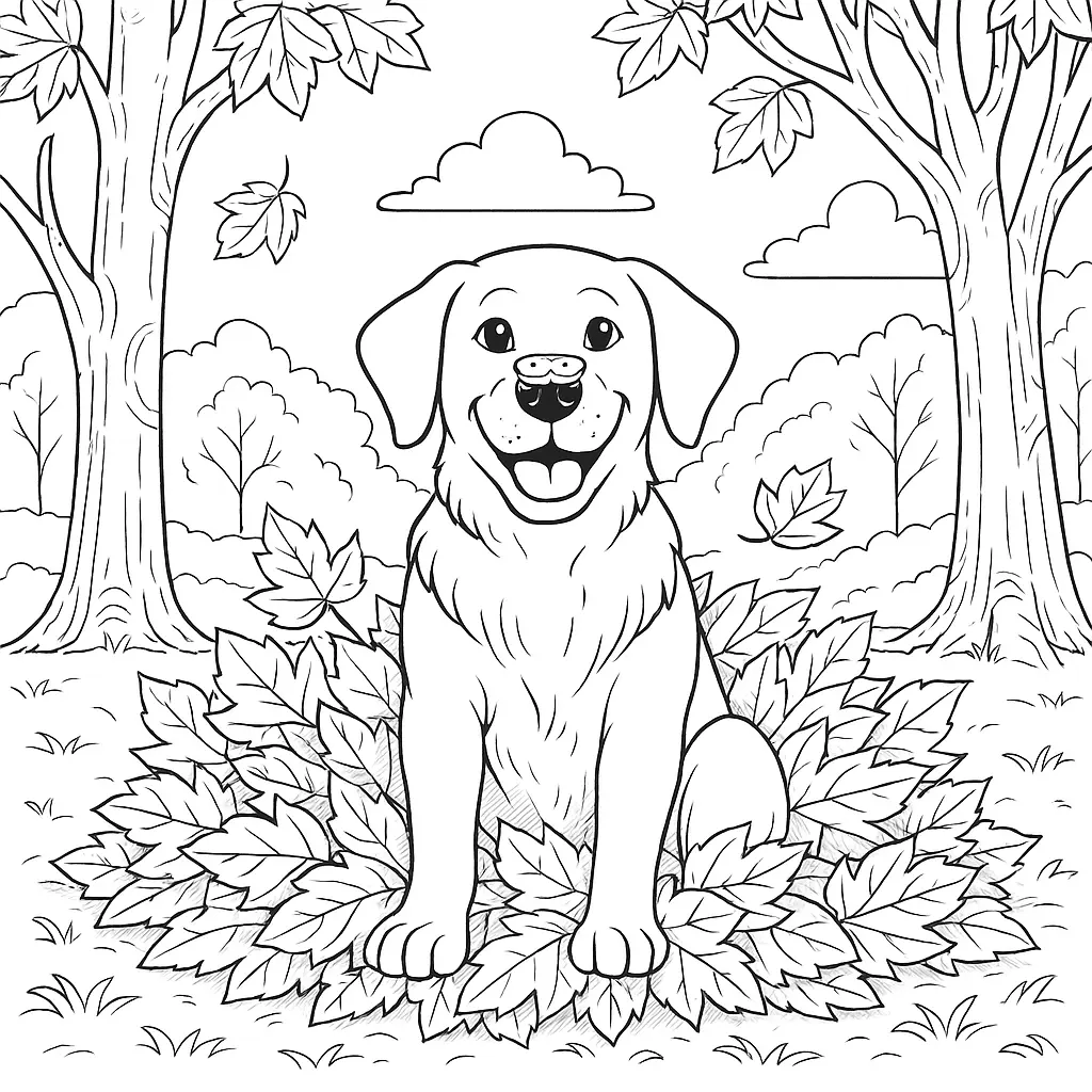 Ausmalbild mit Hund, der in einem Haufen Herbstlaub im Wald sitzt, umgeben von Bäumen und fallenden Blättern