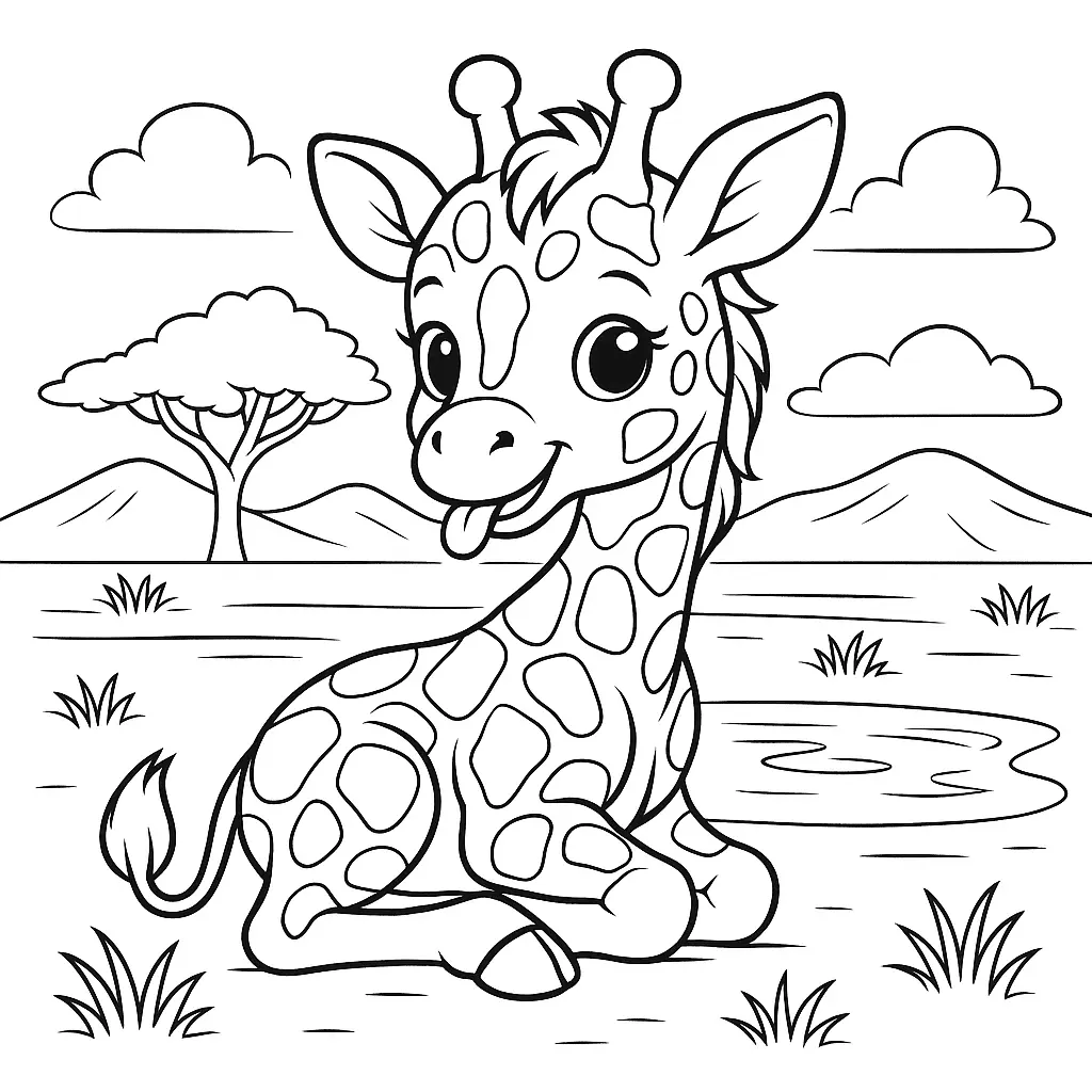 Niedliche kleine Giraffe sitzt mit ausgestreckter Zunge – Ausmalbild für Kinder zum Ausdrucken