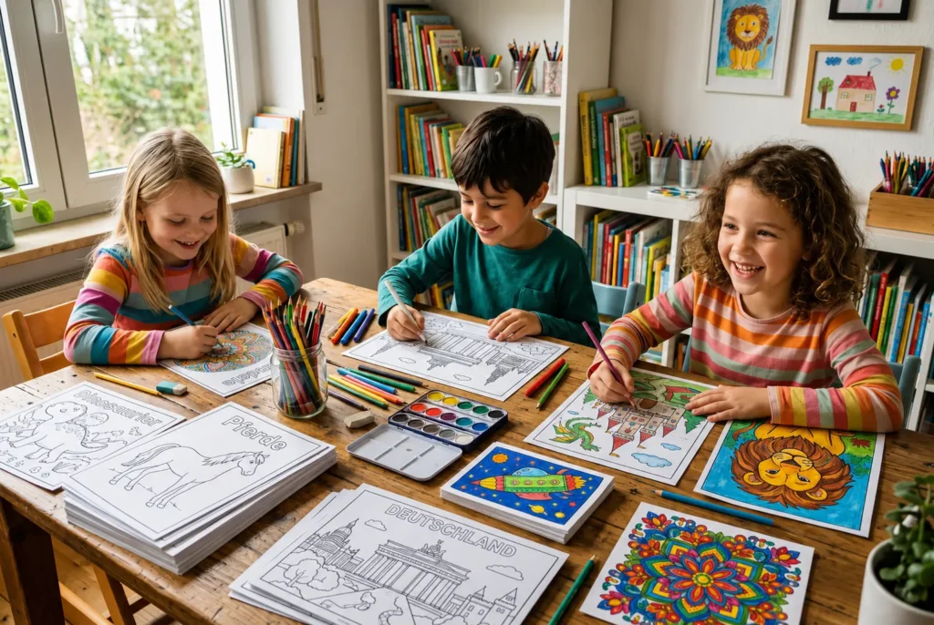 Eine Sammlung von kreativen Malvorlagen und Ausmalbildern mit Stiften auf einem Schreibtisch.
