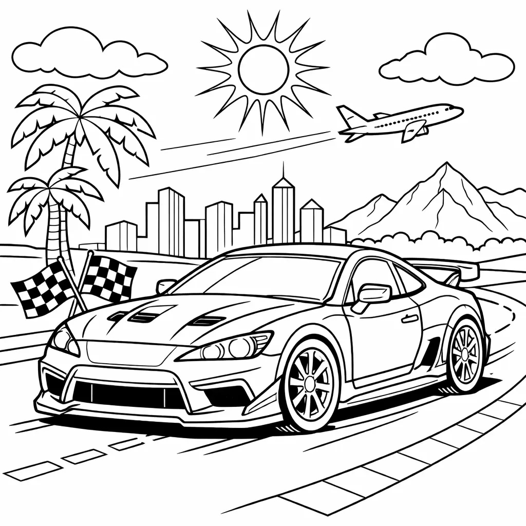 Detailliertes Auto in diesem Ausmalbild zum Ausdrucken für Kinder und Erwachsene als kostenlose Malvorlage