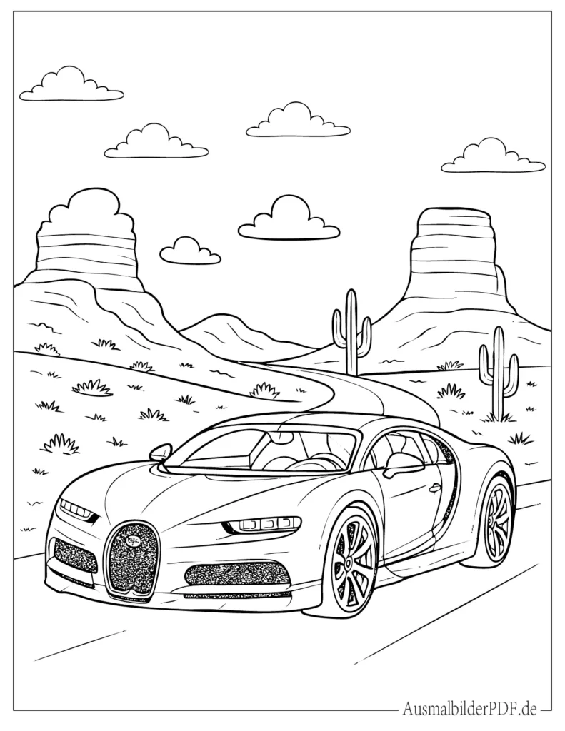 Ausmalbild verschiedener Bugatti Autos für Kinder, ideal zum Ausdrucken und kreativen Ausmalen