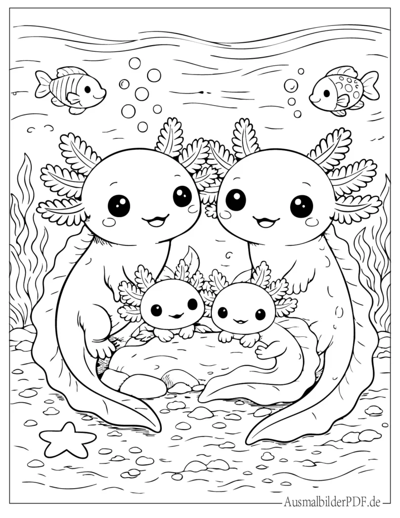 Ausmalbild einer Axolotl-Familie mit Mama, Papa und Babys, perfekt für Kinder zum Ausdrucken und Ausmalen zuhause