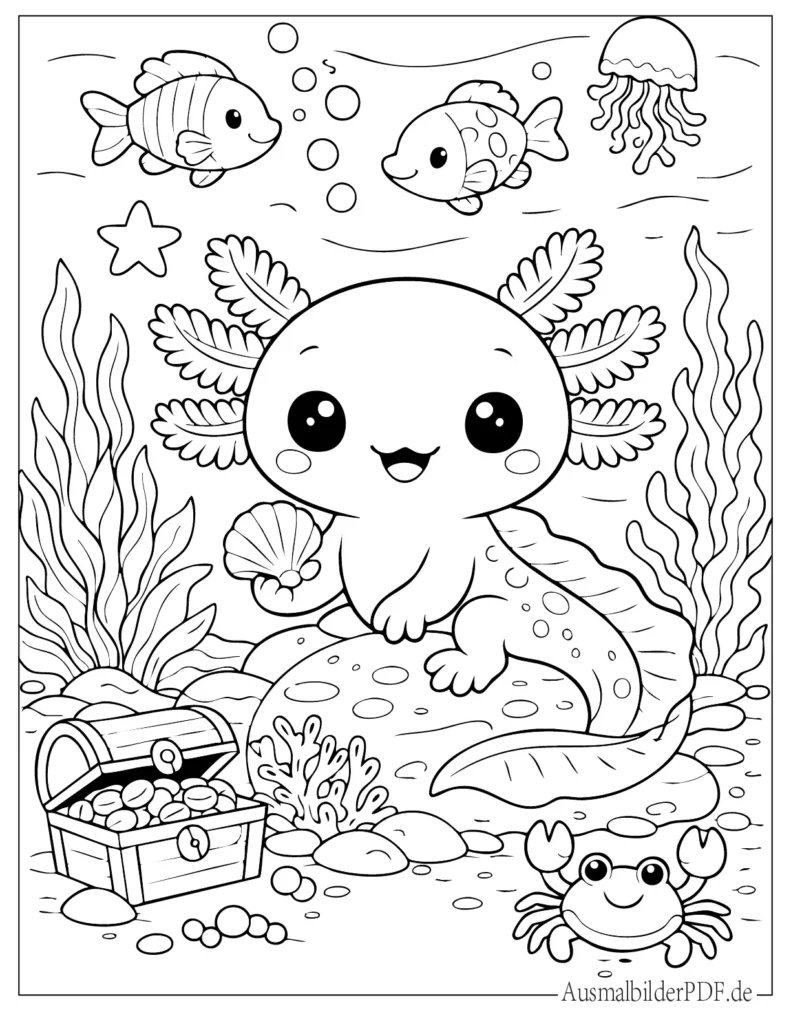 Ausmalbild eines Axolotls mit bunten Fischen im Wasser, perfekt für Kinder zum Ausdrucken und Ausmalen zu Hause oder in der Schule