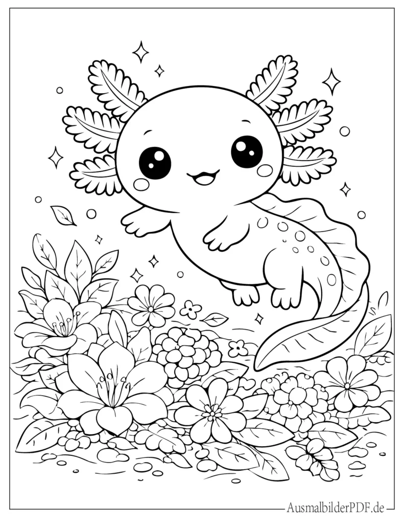 Ausmalblatt eines Axolotls, der über Blumen und Blättern schwebt, perfekt für Kinder zum Ausdrucken und Ausmalen zuhause