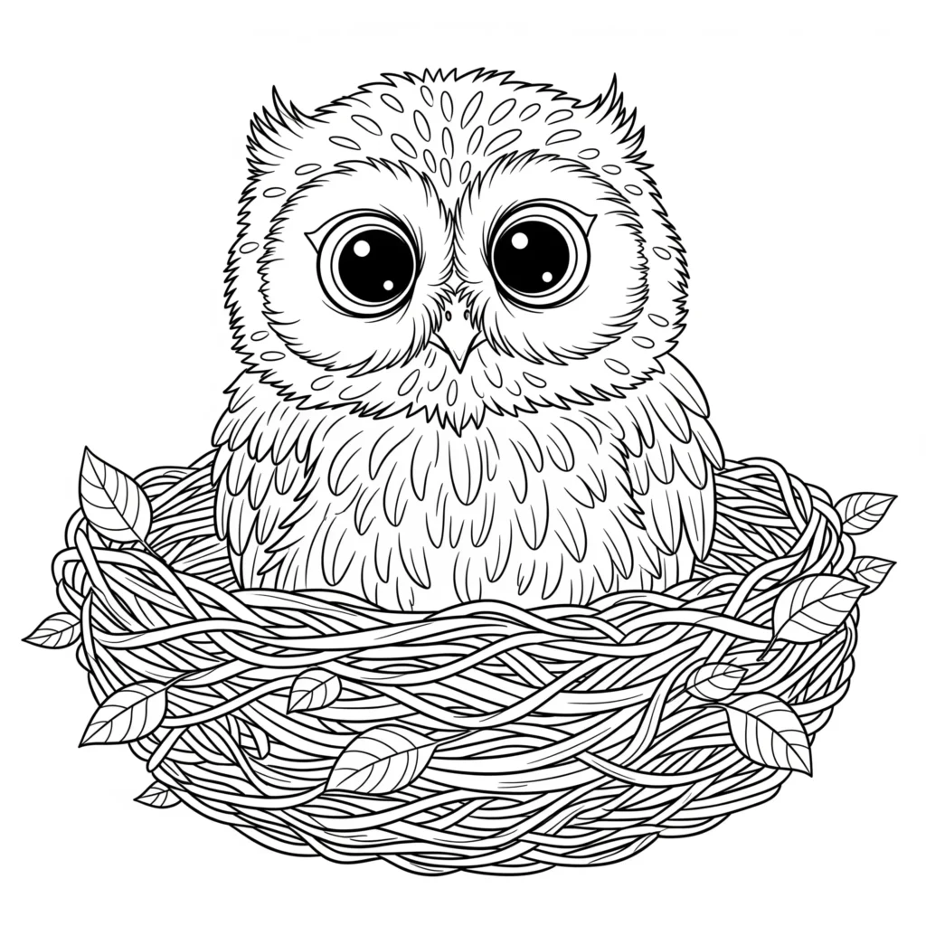 Baby-Eule mit großen Augen als Ausmalbild für Kinder zum Ausdrucken im PDF-Format
