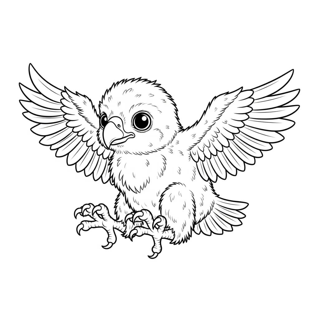 Ausmalbild eines Baby Adlers, das fliegen lernt, zum Ausdrucken und Ausmalen für Kinder