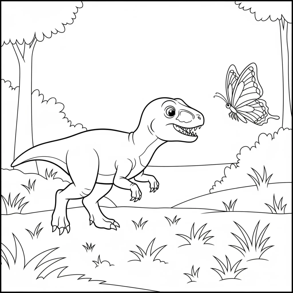 Allosaurus Ausmalbilder (Dinosaurier Malvorlage PDF drucken) allosaurus ausmalbild für kinder mit einem baby dinosaurier der spielerisch einem schmetterling hinterherrennt als pdf vorlage zum kostenlosen ausdrucken