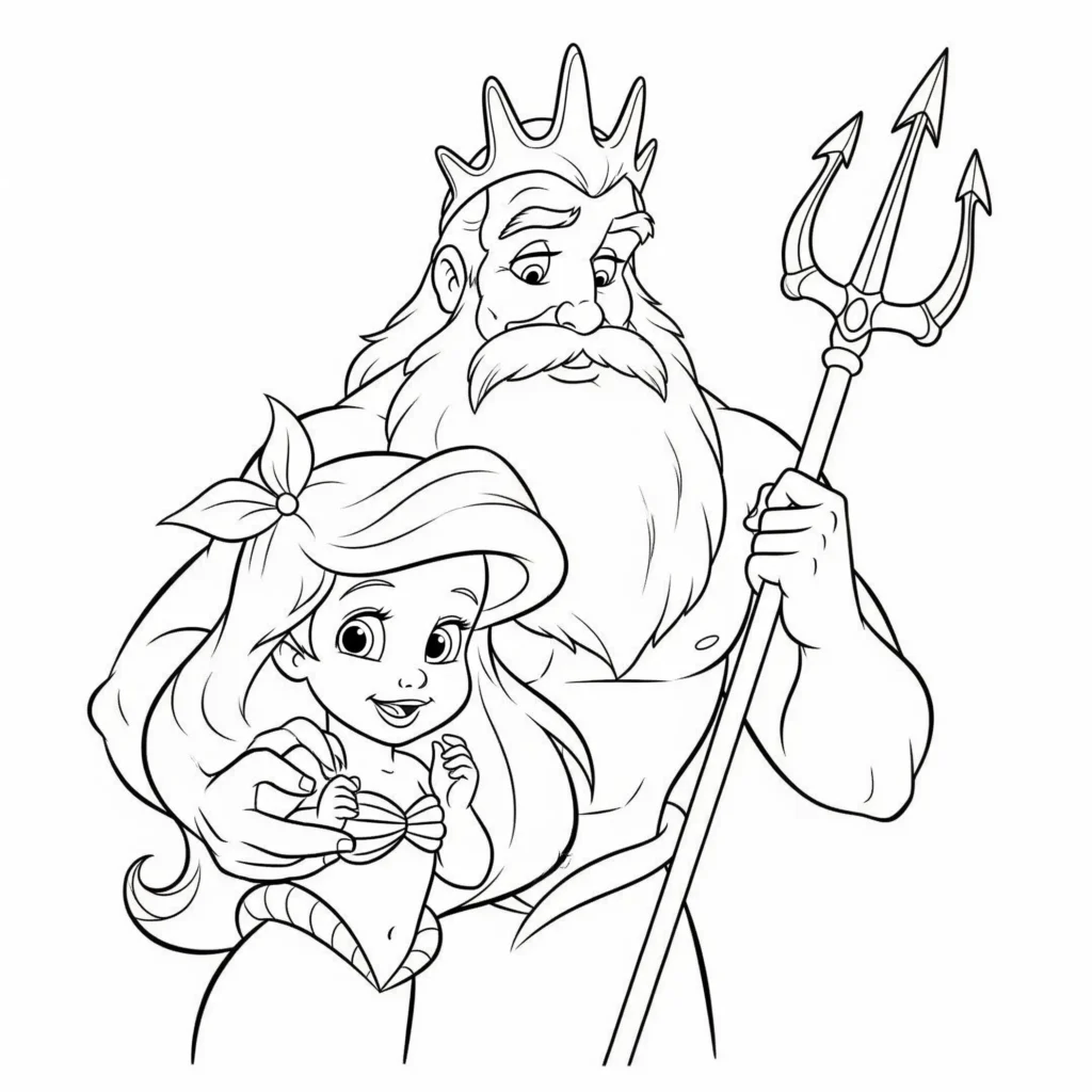 Dieses Baby Arielle mit König Triton Ausmalbild zeigt eine liebevolle Szene zwischen Vater und Tochter. Perfekt zum Ausdrucken und Malen für Kinder.